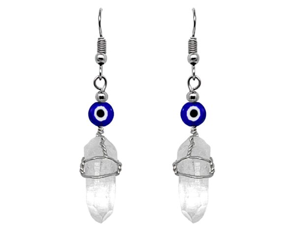 Handmade silver wire wrapped clear quartz crystal point earrings with evil eye bead in blue, white, and black color combination.
