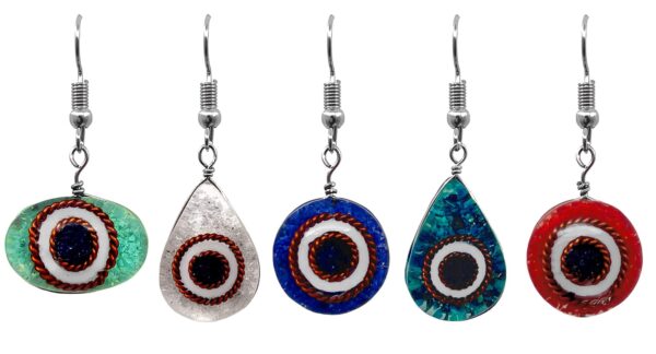 Geometric shaped acrylic resin and crushed chip stone inlay evil eye dangle earrings with copper metal.