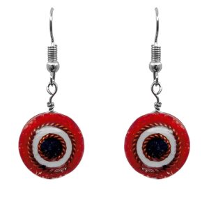 Handmade round shaped acrylic resin and crushed chip stone inlay evil eye dangle earrings with copper metal in red, white, black, and brown color combination.