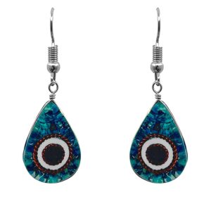 Handmade teardrop shaped acrylic resin and crushed chip stone inlay evil eye dangle earrings with copper metal in teal chrysocolla, white, black, and brown color combination.
