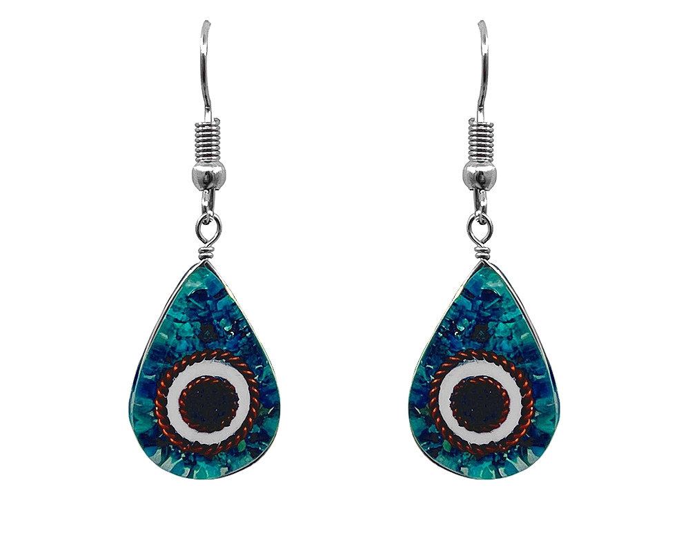 Handmade teardrop shaped acrylic resin and crushed chip stone inlay evil eye dangle earrings with copper metal in teal chrysocolla, white, black, and brown color combination.