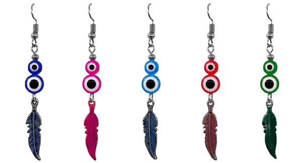 Colored metal feather charm dangle earrings with double evil eye beads.