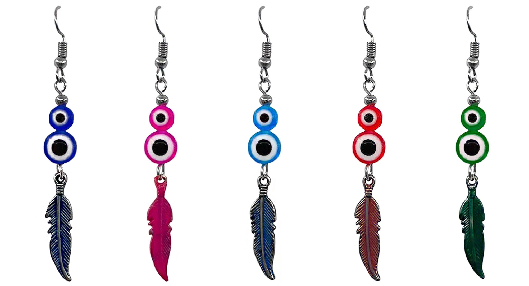 Colored metal feather charm dangle earrings with double evil eye beads.