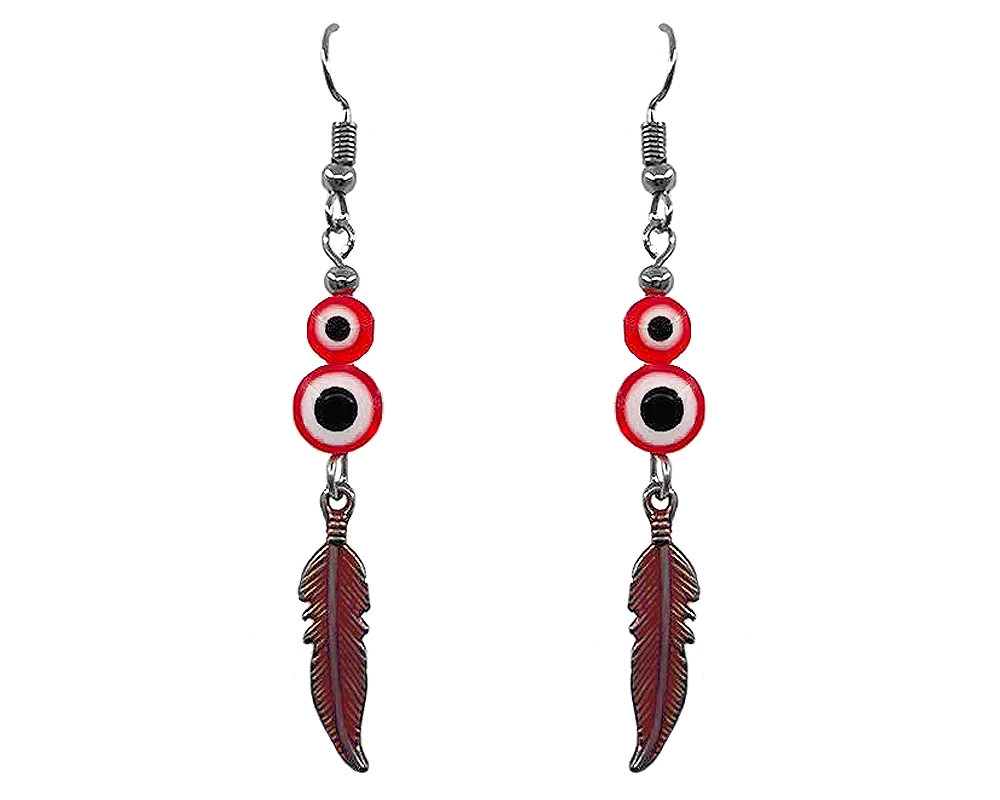 Handmade colored metal feather charm dangle earrings with double evil eye beads in red, white, and black color combination.