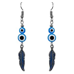 Handmade colored metal feather charm dangle earrings with double evil eye beads in turquoise, white, and black color combination.