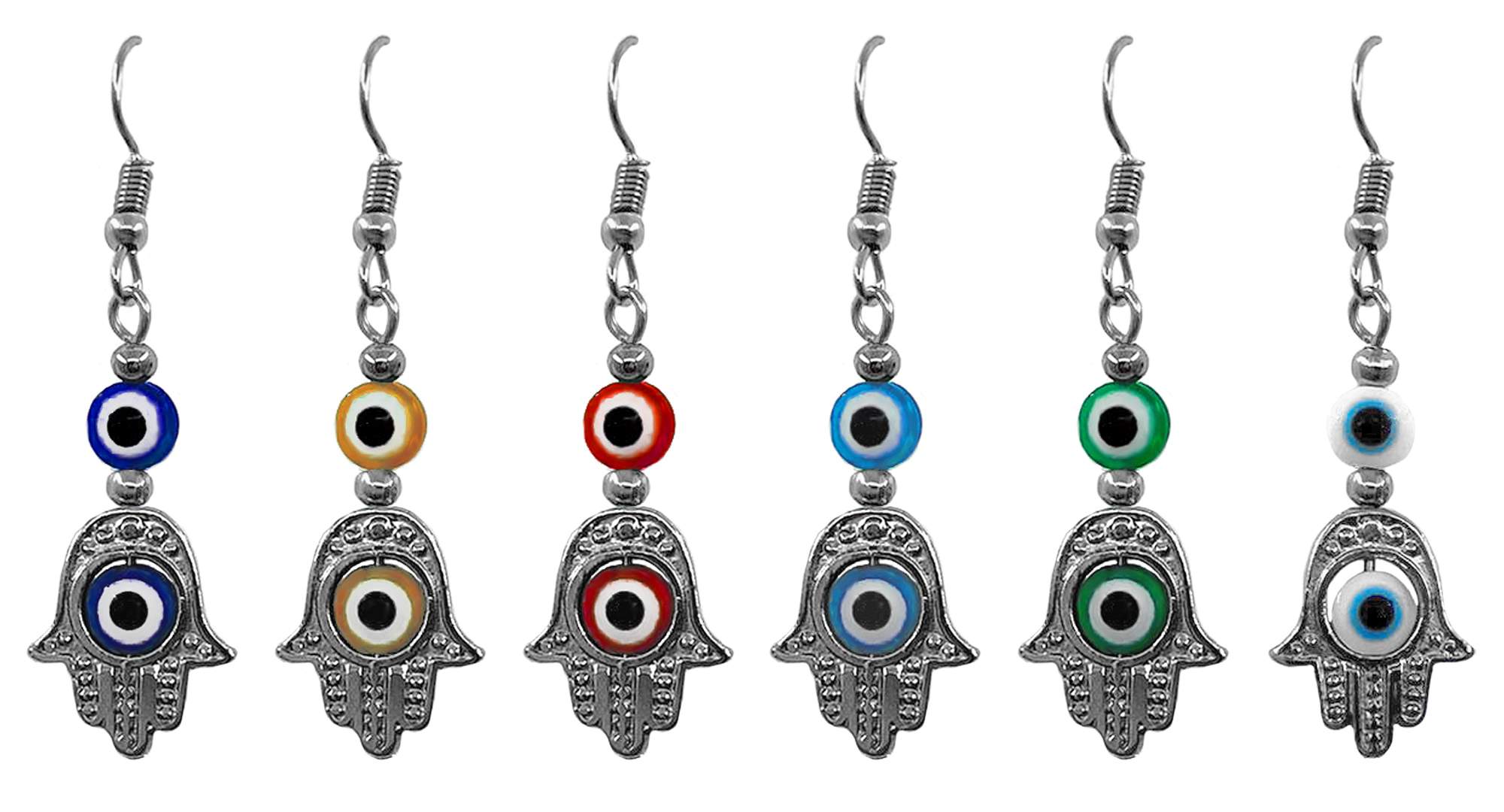 Silver metal hamsa hand charm dangle earrings with double evil eye beads.