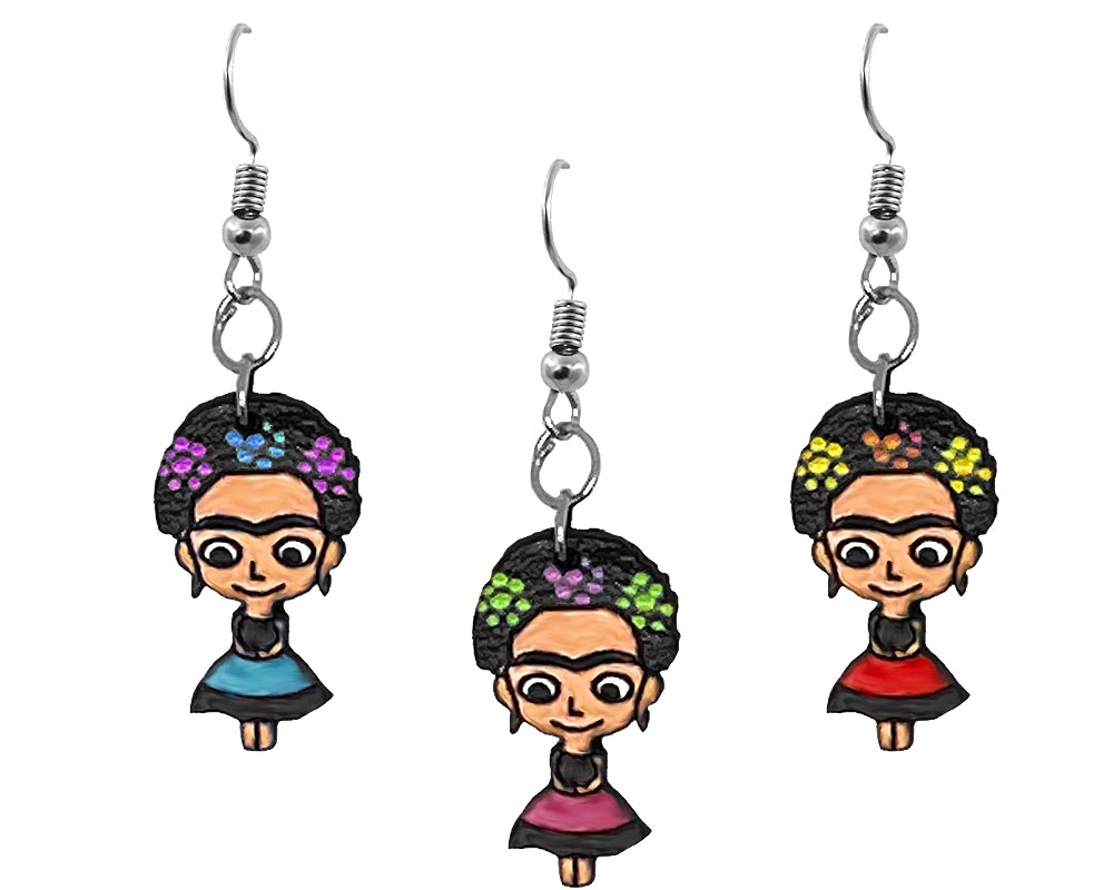Frida inspired wooden dangle earrings.