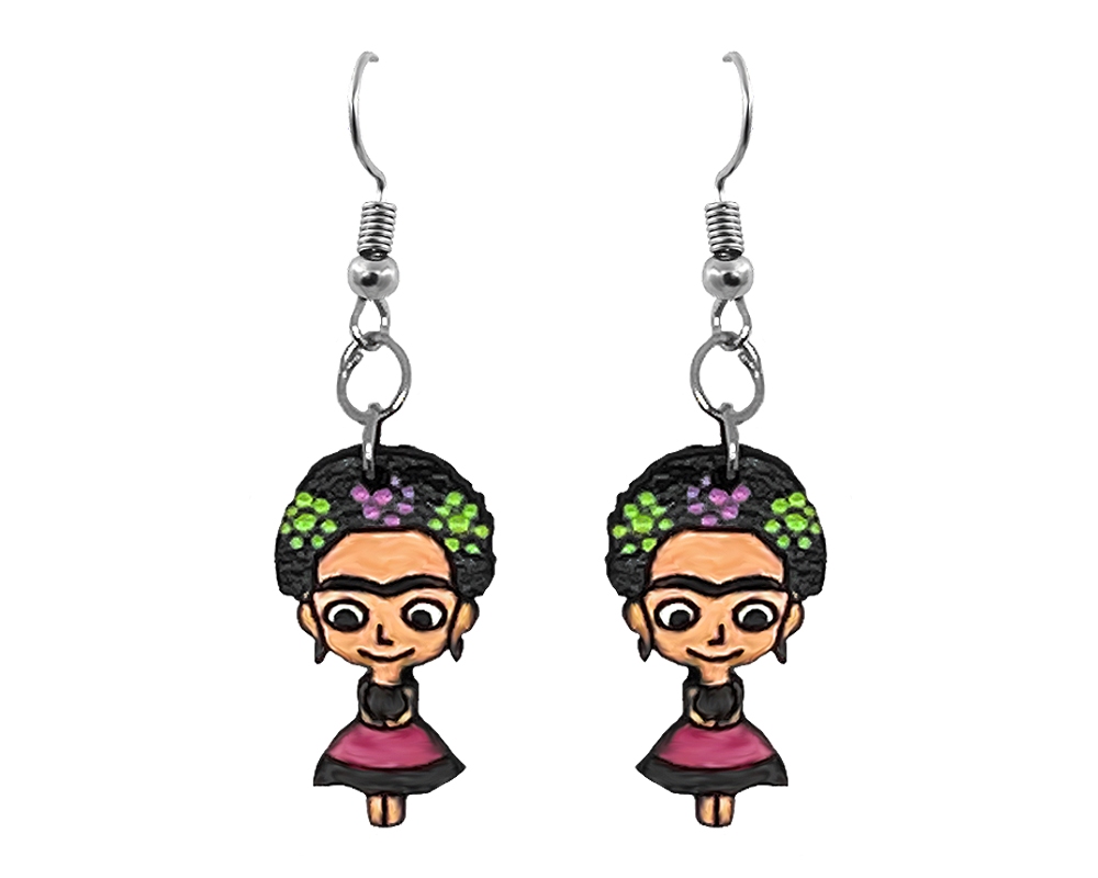Handmade Frida inspired wooden dangle earrings in hot pink, black and peach color combination. Flower colors will vary, each pair is unique.