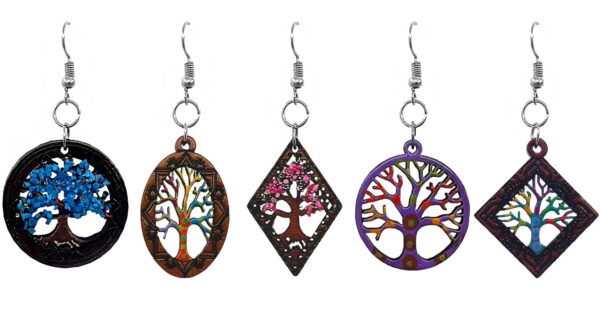 Tree of Life wooden dangle earrings with artistic design.