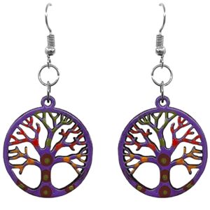 Handmade round-shaped Tree of Life wooden dangle earrings with artistic design in purple and multicolored color combination.