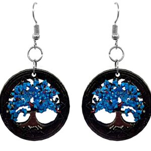 Handmade round-shaped Tree of Life wooden dangle earrings with artistic design in turquoise blue, black, and brown color combination.