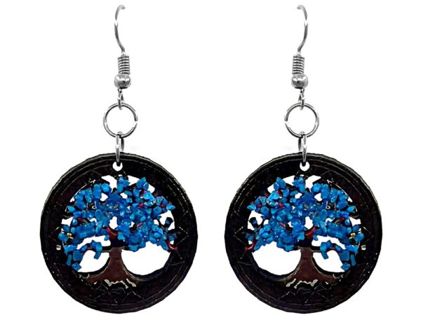 Handmade round-shaped Tree of Life wooden dangle earrings with artistic design in turquoise blue, black, and brown color combination.