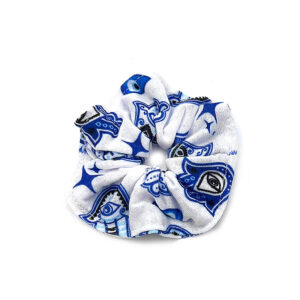 Handmade soft cotton scrunchie hair tie with evil eye nazar print pattern design in blue, white, and black color combination.