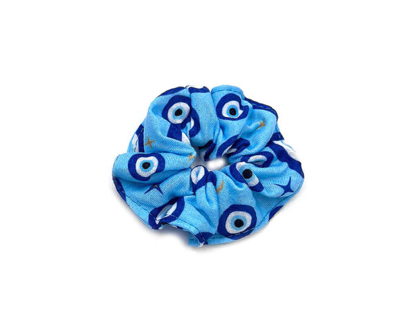 Handmade soft cotton scrunchie hair tie with evil eye nazar print pattern design in turquoise, blue, white, black, and gold color combination.