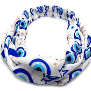 Handmade soft cotton wrap headband with evil eye nazar print pattern design in blue, white, black, and gold color combination.