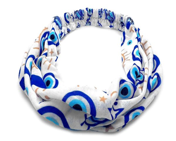 Handmade soft cotton wrap headband with evil eye nazar print pattern design in blue, white, black, and gold color combination.