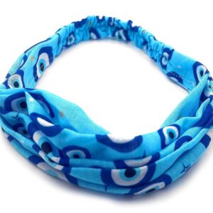 Handmade soft cotton wrap headband with evil eye nazar print pattern design in turquoise, blue, white, black, and gold color combination.