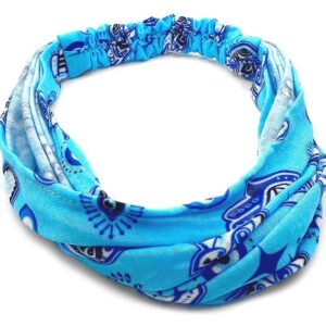Handmade soft cotton wrap headband with evil eye nazar and hamsa hand print pattern design in turquoise, blue, white, and black color combination.
