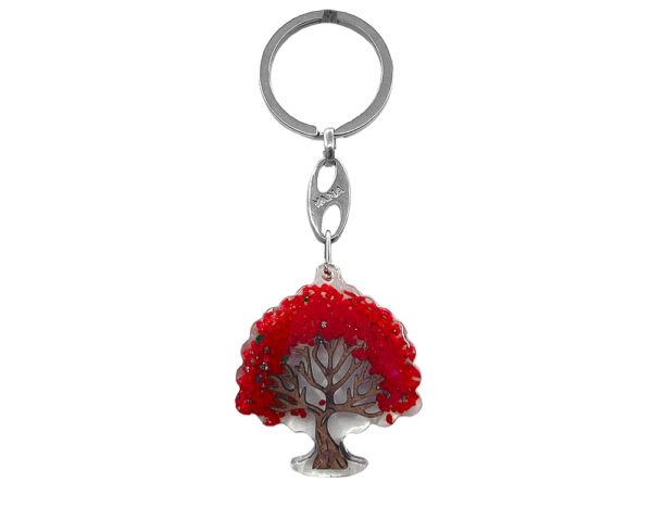 Handmade clear acrylic resin and crushed chip stone inlay tree of life keychain on silver metal key ring in red and brown color combination.
