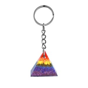 Handmade clear resin and crushed chip stone inlay orgonite pyramid keychain on silver metal keyring in 7 chakra striped rainbow colors.