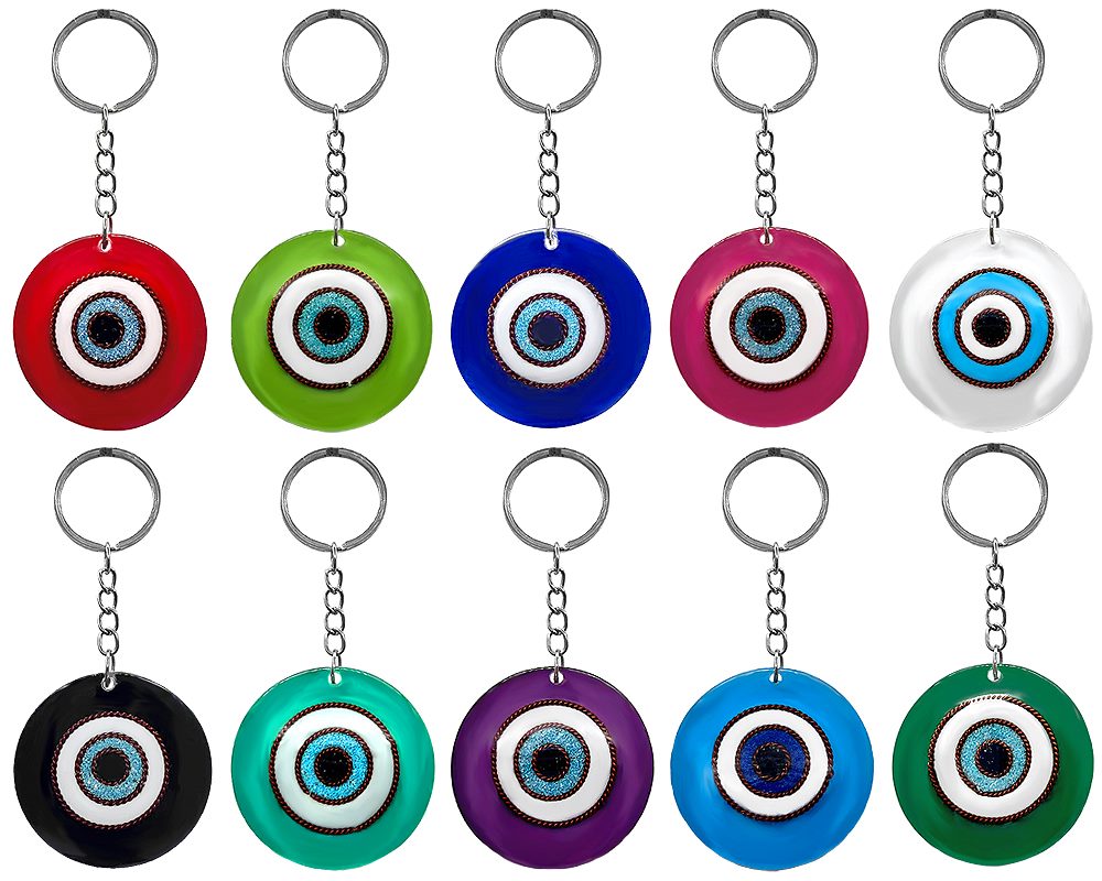 Round clear acrylic resin, copper wire, and crushed chip stone inlay evil eye keychain on silver metal key ring.