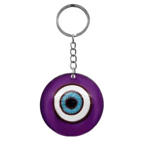 Handmade round clear acrylic resin, copper wire, and crushed chip stone inlay evil eye keychain on silver metal key ring in purple, light blue turquoise, brown, black, and white color combination.