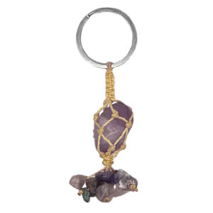 Handmade macramé string wrapped tumbled gemstone crystal keychain with chip stone cluster dangle on silver metal key ring in purple amethyst and beige color combination.