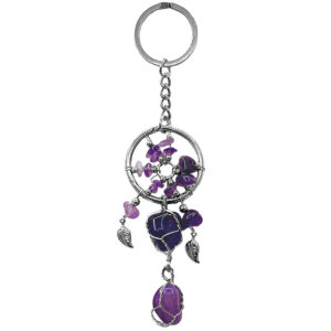 Handmade round chip stone dream catcher keychain with leaf charms and wire wrapped tumbled gemstone dangles on silver metal key ring in purple amethyst.