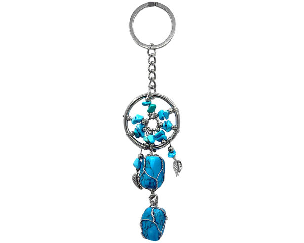 Handmade round chip stone dream catcher keychain with leaf charms and wire wrapped tumbled gemstone dangles on silver metal key ring in turquoise howlite.
