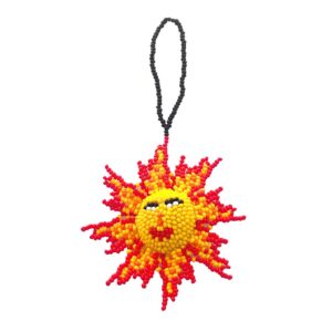 Handmade Czech glass seed bead figurine hanging ornament of a sun in yellow, orange, and red color combination.