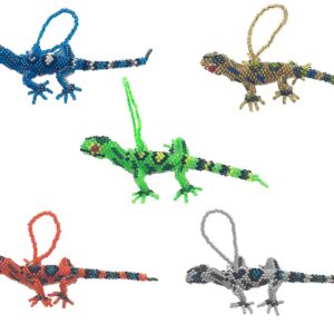 Handmade Czech glass seed bead animal figurine hanging ornament of a gecko lizard in assorted colors.