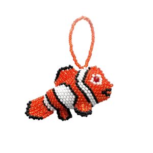 Handmade Czech glass seed bead sea animal figurine hanging ornament of a clown fish in orange, white, and black color combination.