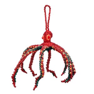 Handmade Czech glass seed bead sea animal figurine hanging ornament of an octopus in red color.