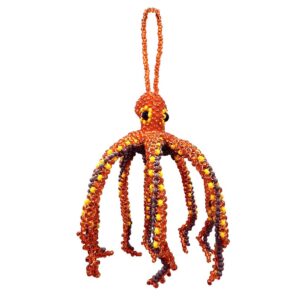 Handmade Czech glass seed bead sea animal figurine hanging ornament of an octopus in orange color.