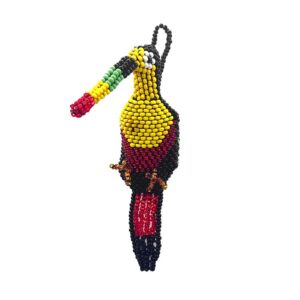 Handmade Czech glass seed bead animal figurine hanging ornament of a toucan bird in black, yellow, red, and green color combination.