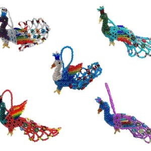 Handmade Czech glass seed bead animal figurine hanging ornament of a peacock bird in assorted colors.