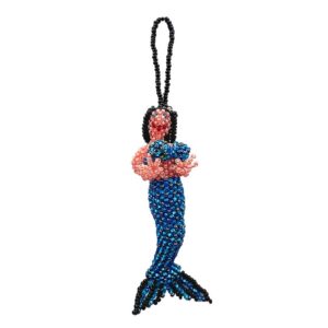 Handmade Czech glass seed bead fantasy figurine hanging ornament of a mermaid in turquoise blue, peach, and black color combination.