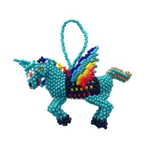 Handmade Czech glass seed bead fantasy figurine hanging ornament of a unicorn in turquoise and rainbow multicolored color combination.