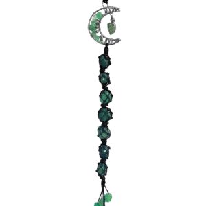 Handmade silver metal wire wrapped crescent half moon long hanging ornament with macrame string wrapped tumbled stones and chip stone dangles in green aventurine and black color combination.