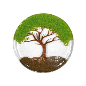 Handmade round-shaped clear acrylic resin and crushed chip stone inlay tree of life coaster table ornament in lime green and brown color combination.
