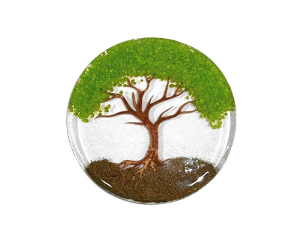 Handmade round-shaped clear acrylic resin and crushed chip stone inlay tree of life coaster table ornament in lime green and brown color combination.