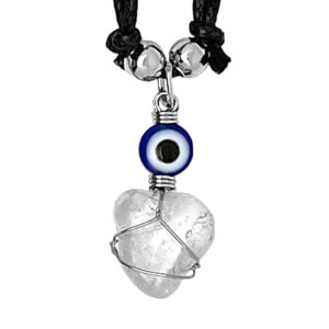 Handmade silver metal wire wrapped tumbled gemstone crystal pendant with blue evil eye bead on adjustable necklace in clear quartz.