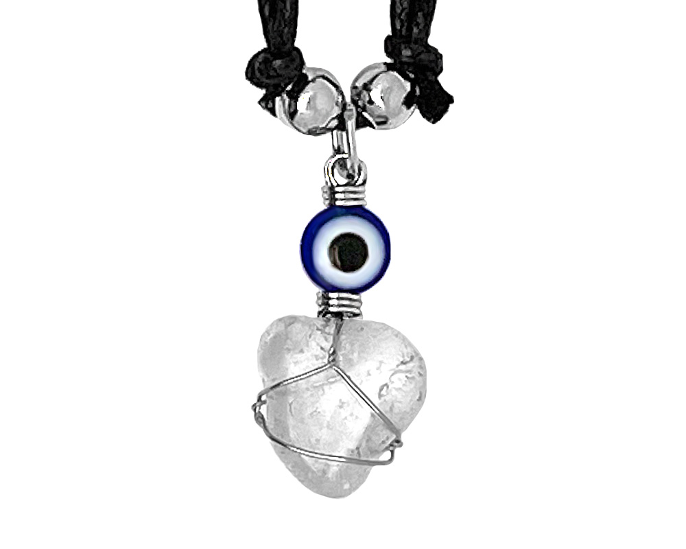 Handmade silver metal wire wrapped tumbled gemstone crystal pendant with blue evil eye bead on adjustable necklace in clear quartz.