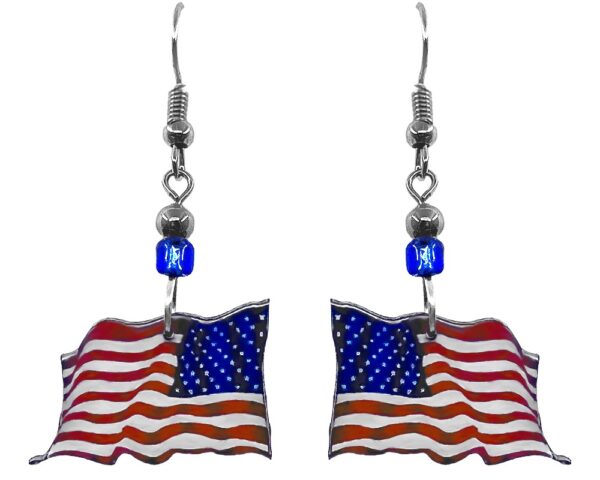 Handmade American USA flag acrylic dangle earrings with beaded metal hooks in red, white, and blue color combination.