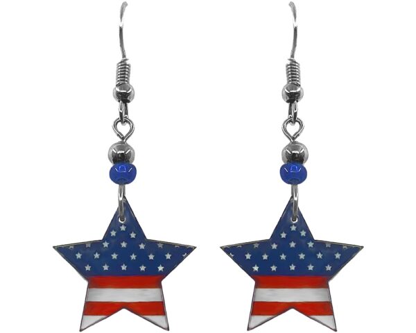 Handmade star-shaped American USA flag acrylic dangle earrings with beaded metal hooks in red, white, and blue color combination.