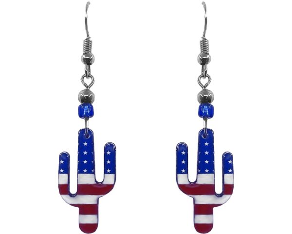 Handmade cactus-shaped American USA flag acrylic dangle earrings with beaded metal hooks in red, white, and blue color combination.