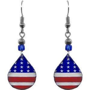 Handmade teardrop-shaped American USA flag acrylic dangle earrings with beaded metal hooks in red, white, and blue color combination.