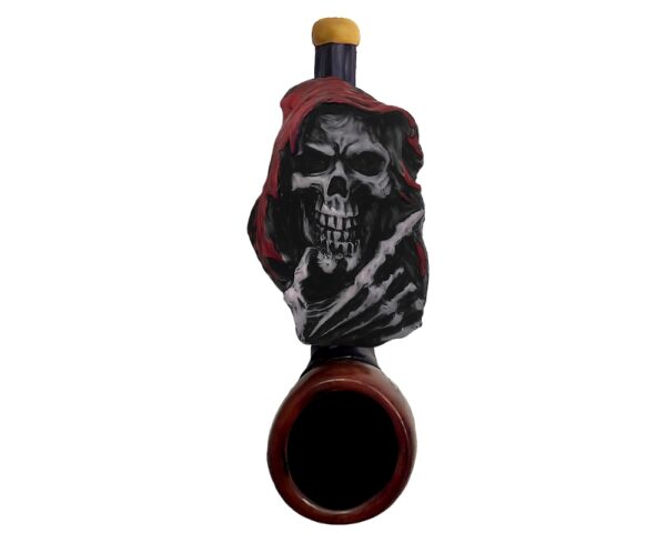 Handcrafted tobacco smoking hand pipe of a red hooded pondering grim reaper death skull with hand on chin in mini size.