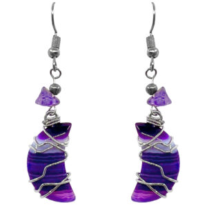 Wire Wrapped Moon Stone Earrings - Purple Agate