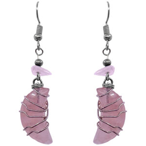 Wire Wrapped Moon Stone Earrings - Pink Rose Quartz